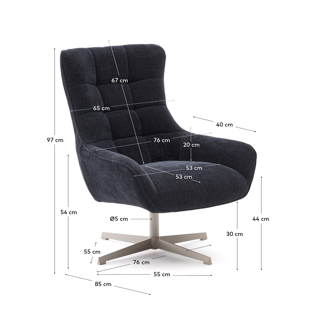 Fauteuil pivotant Teryl en tissu chenille bleu et métal gris FSC 100%