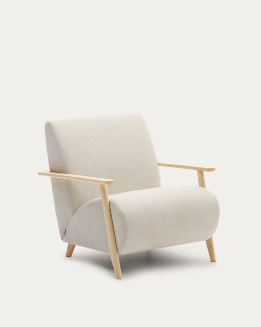 Fauteuil Meghan en tissu chenille perle et bois de frêne finition naturelle FSC Mix Credit