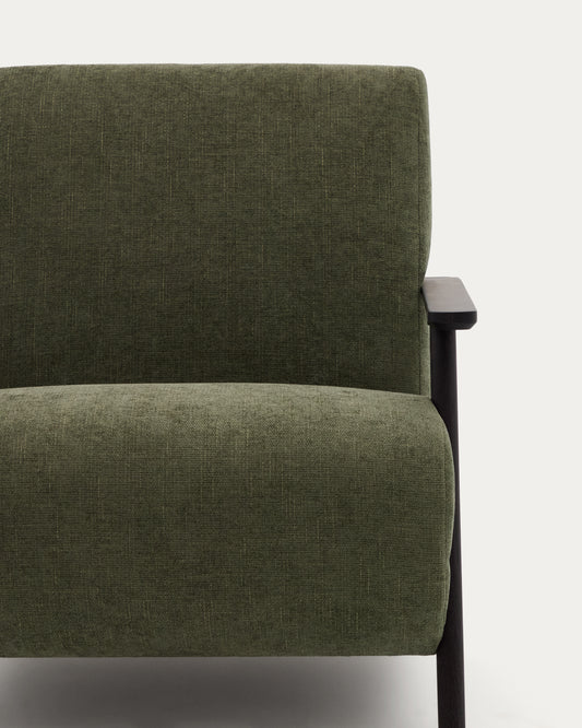 Fauteuil Meghan en tissu chenille vert et bois de frêne finition wengé FSC Mix Credit