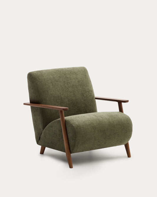 Fauteuil Meghan en chenille verte et bois de frêne finition noyer FSC Mix Credit