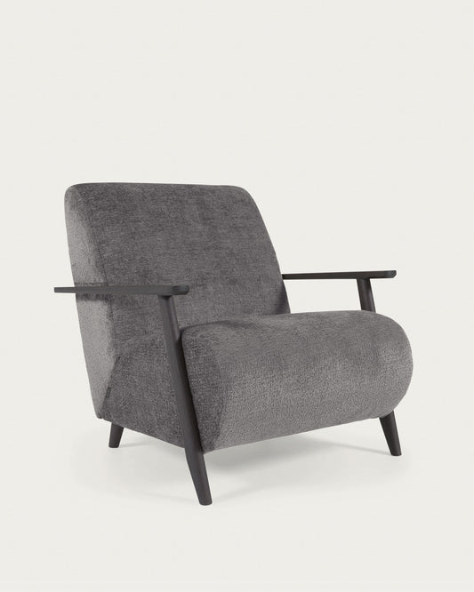 Fauteuil Meghan en chenille gris et bois finition wengé
