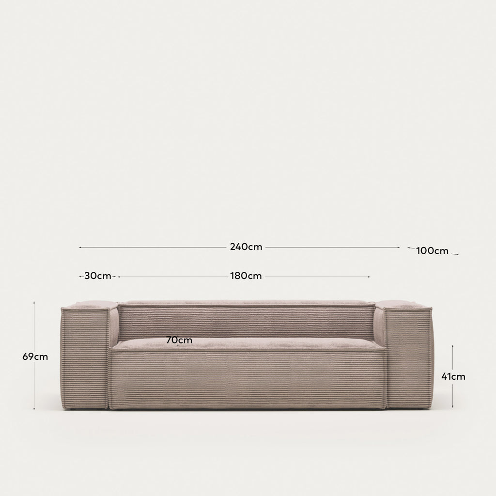 Canapé Blok 3 places en velours côtelé épais rose 240 cm – Certifié FSC Mix Credit
