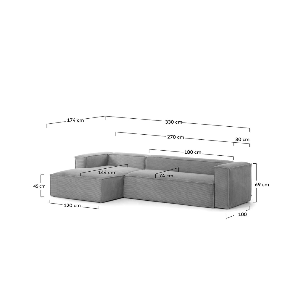Canapé Blok 4 places en velours côtelé épais avec méridienne gauche gris 330 cm – Certifié FSC Mix Credit