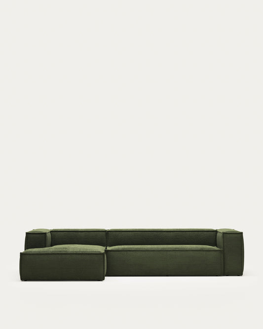 Canapé Blok 4 places en velours côtelé épais avec méridienne gauche vert 330 cm – Certifié FSC Mix Credit