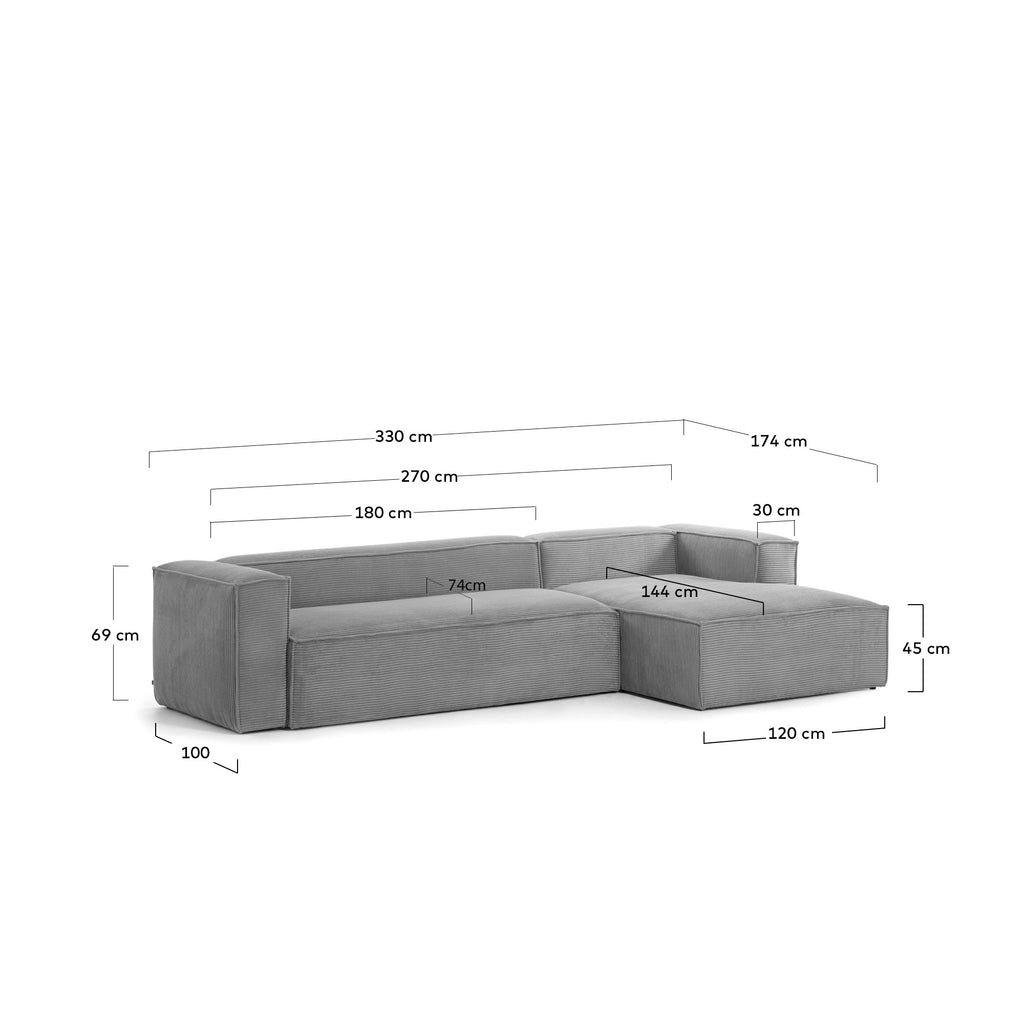 Canapé Blok 4 places en velours côtelé épais avec méridienne gauche gris 330 cm – Certifié FSC Mix Credit