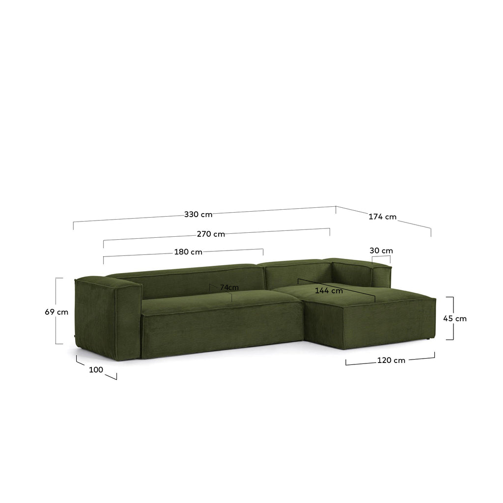 Canapé Blok 4 places en velours côtelé épais avec méridienne droite vert 330 cm – Certifié FSC Mix Credit