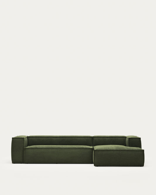Canapé Blok 4 places en velours côtelé épais avec méridienne droite vert 330 cm – Certifié FSC Mix Credit