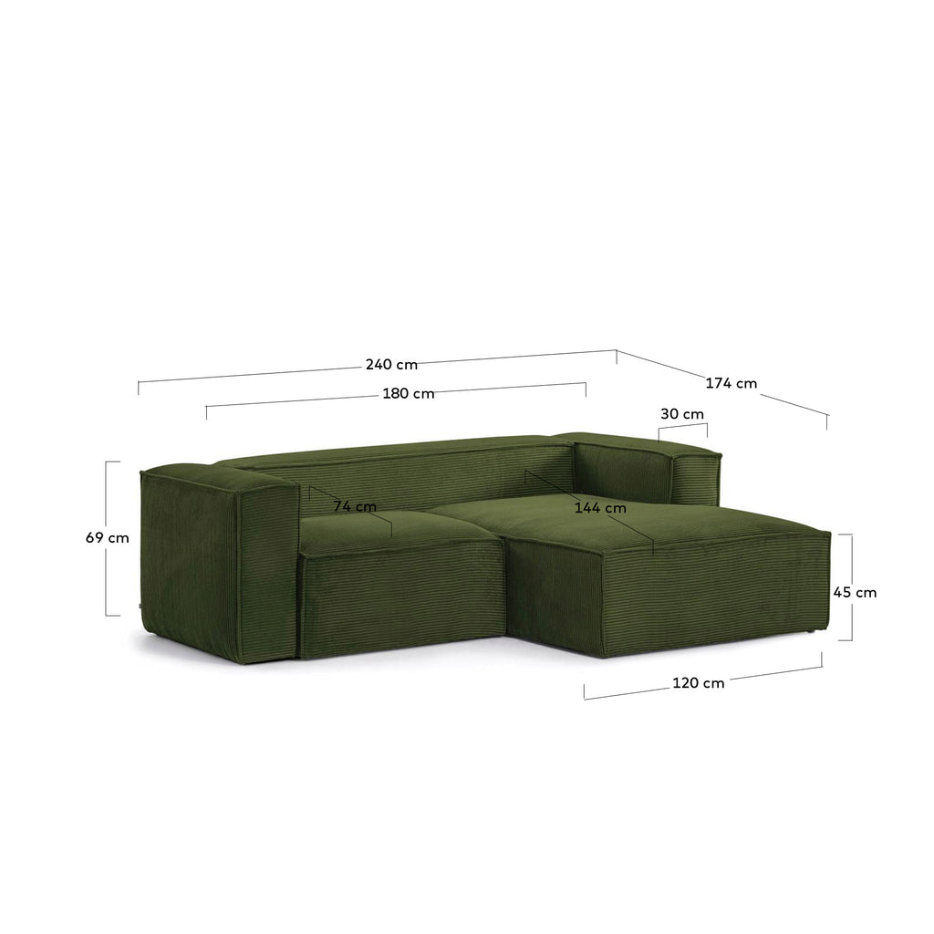 Canapé Blok 2 places en velours côtelé épais avec méridienne droite vert 240 cm – Certifié FSC Mix Credit