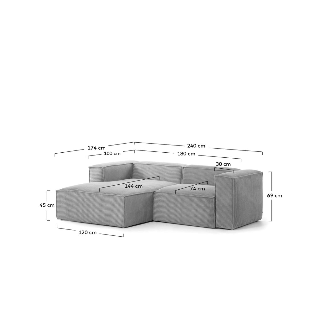 Canapé Blok 2 places en velours côtelé épais avec méridienne gauche gris 240 cm – Certifié FSC Mix Credit