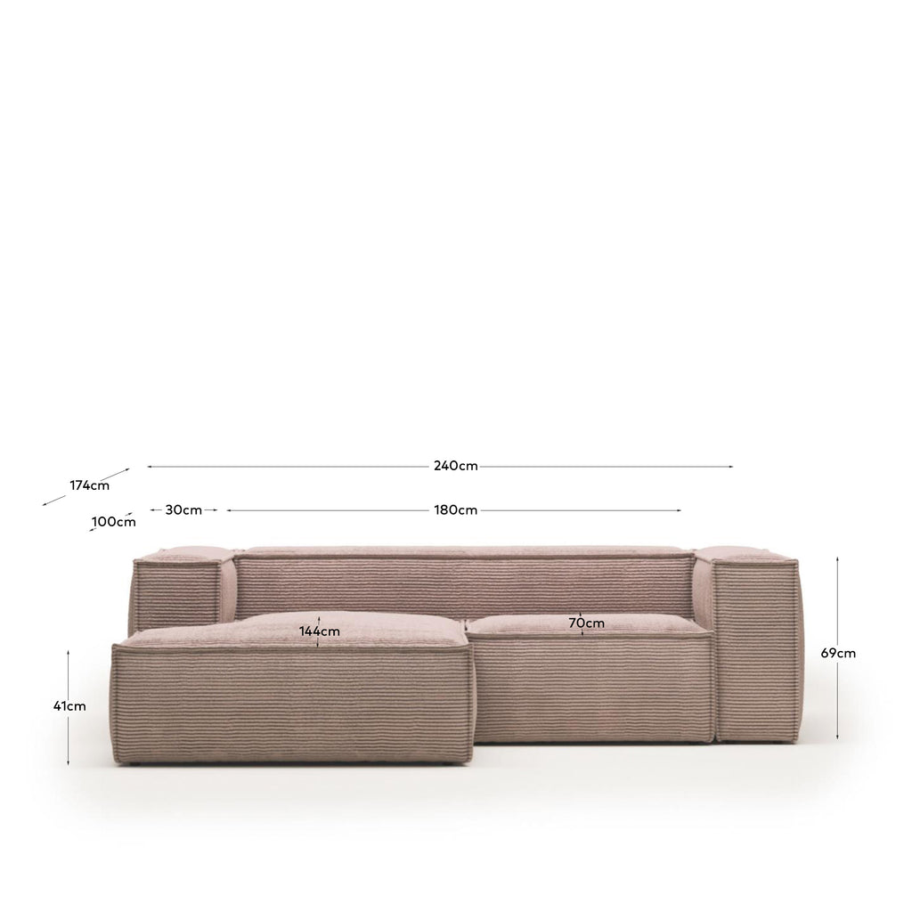 Blok 2-seater left chaise longue sofa in pink thick corduroy 240cm FSC Mix Credit