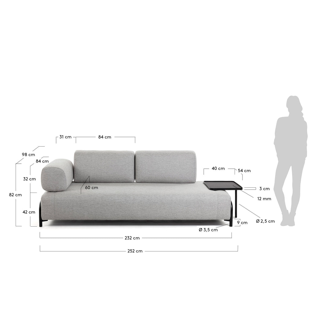 Compo 3 seater sofa with large tray in Beige-Grey, 252 cm