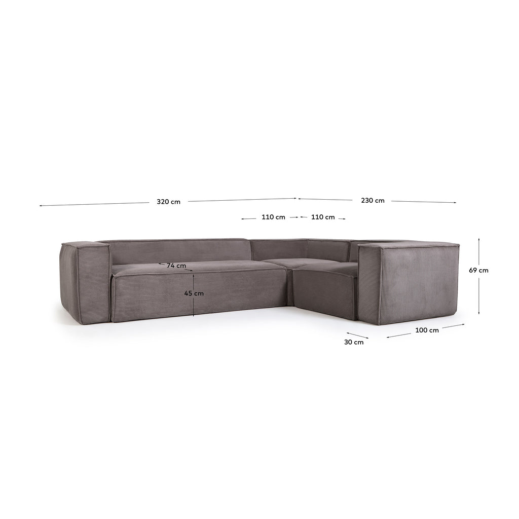 Canapé d’angle Blok 4 places en velours côtelé épais gris 320 x 230 cm / 230 x 320 cm – Certifié FSC Mix Credit FR