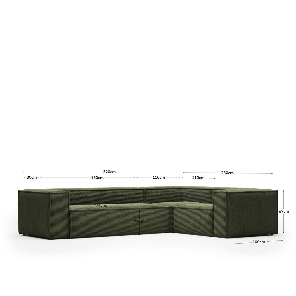 Canapé d'angle Blok 4 places velours à grosses côtes vert 320 x 230cm / 230 x 320 cm Certifié FSC Mix Credit