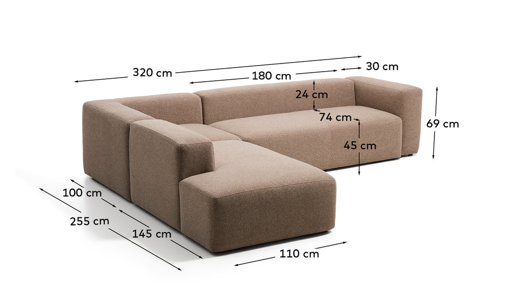Canapé d’angle Blok 5 places avec pouf terminal gauche en chenille marron 255 x 320 cm – FSC Mix Credit