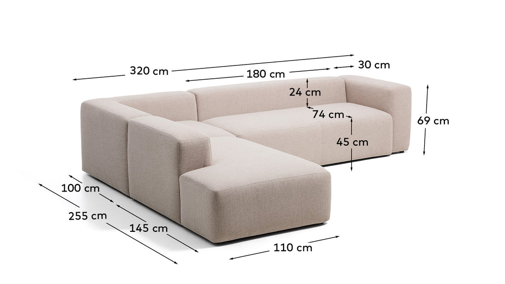 Canapé d’angle Blok 5 places avec pouf terminal gauche en chenille beige 255 x 320 cm – FSC Mix Credit