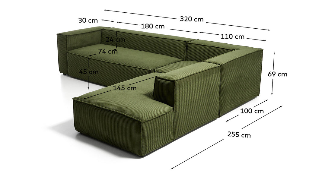 Canapé d’angle Blok 5 places avec pouf terminal droit en velours côtelé épais vert 320 x 255 cm – FSC Mix Credit