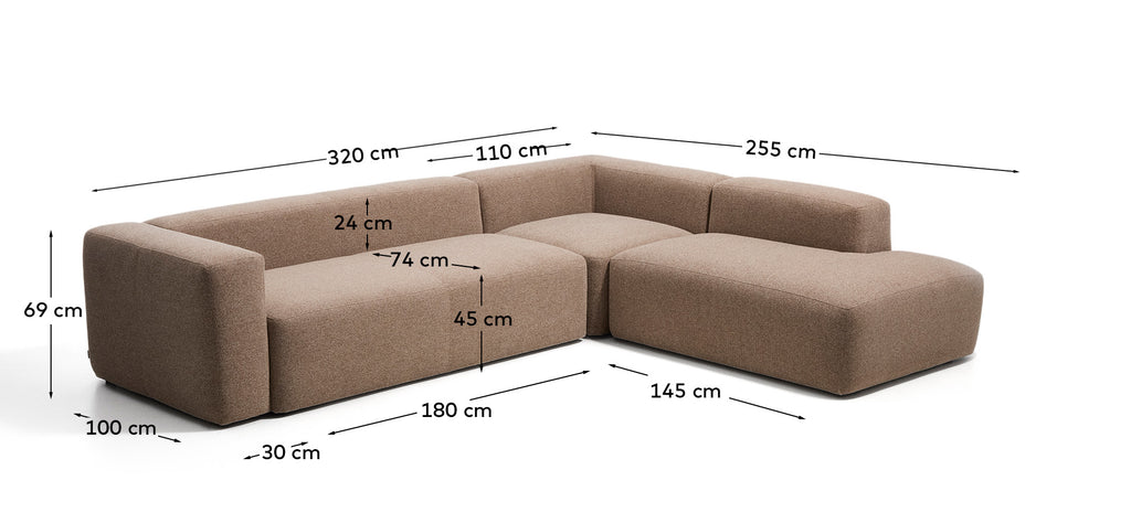 Canapé d’angle Blok 5 places avec pouf terminal droit en chenille marron 320 x 255 cm – FSC Mix Credit