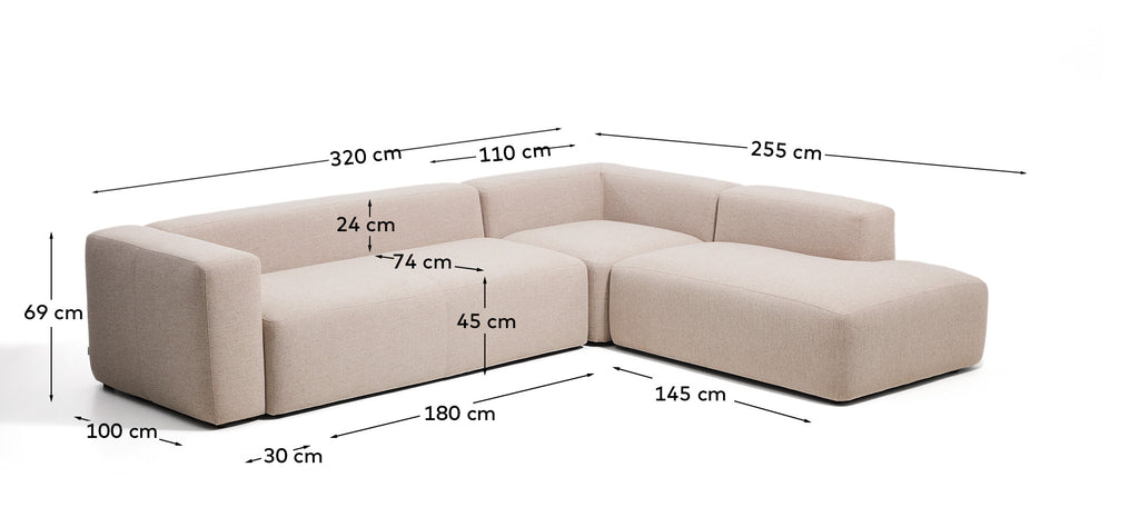 Canapé d’angle Blok 5 places avec pouf terminal droit en chenille beige 320 x 255 cm – FSC Mix Credit