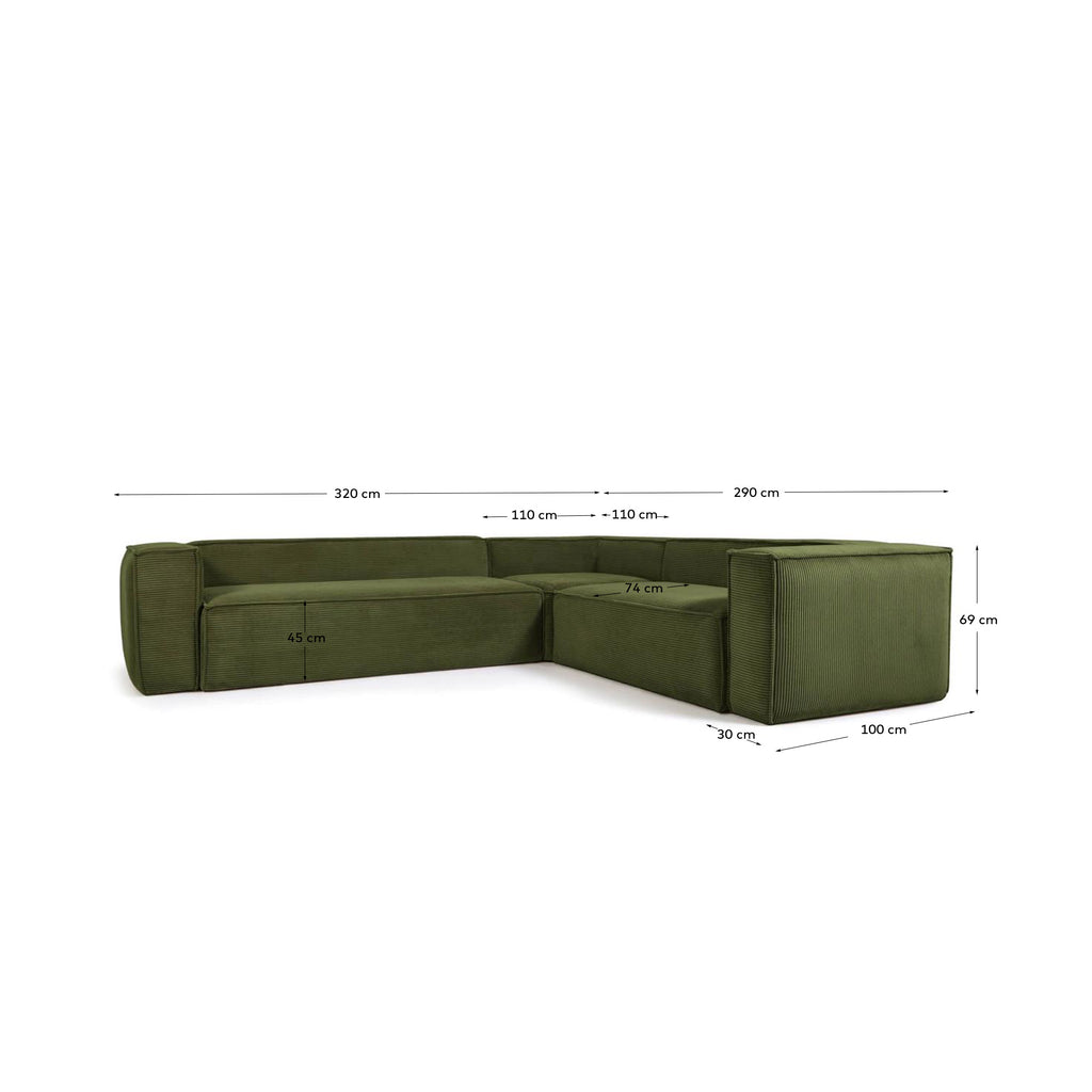 Canapé d’angle Blok 5 places en velours côtelé épais vert 320 x 290 cm / 290 x 320 cm – Certifié FSC Mix Credit
