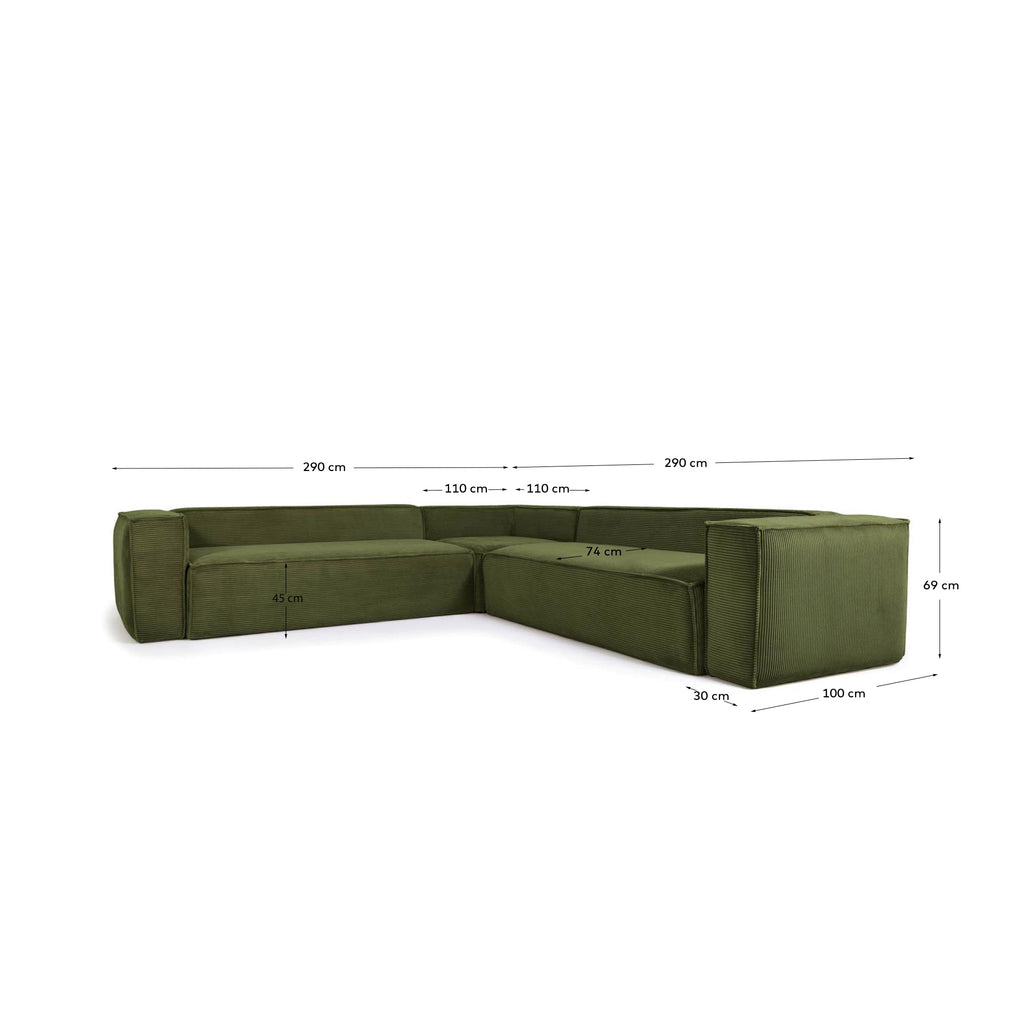 Canapé d’angle Blok 4 places en velours côtelé épais vert 290 x 290 cm – Certifié FSC Mix Credit