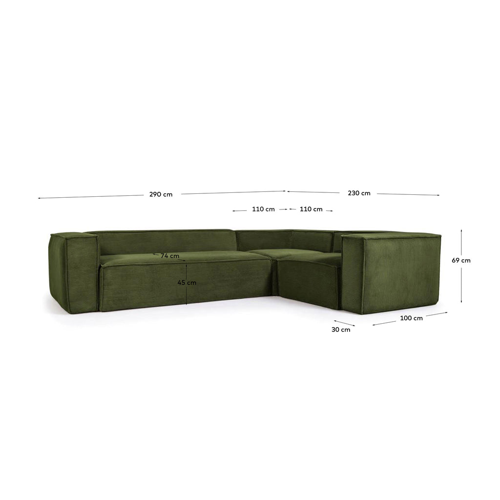 Canapé d’angle Blok 3 places en velours côtelé épais vert 290 x 230 cm / 230 x 290 cm – Certifié FSC Mix Credit