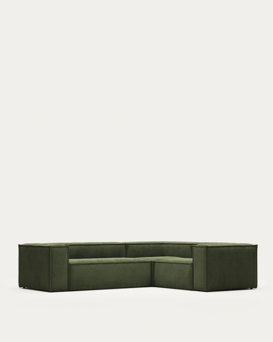 Canapé d’angle Blok 3 places en velours côtelé épais vert 290 x 230 cm / 230 x 290 cm – Certifié FSC Mix Credit