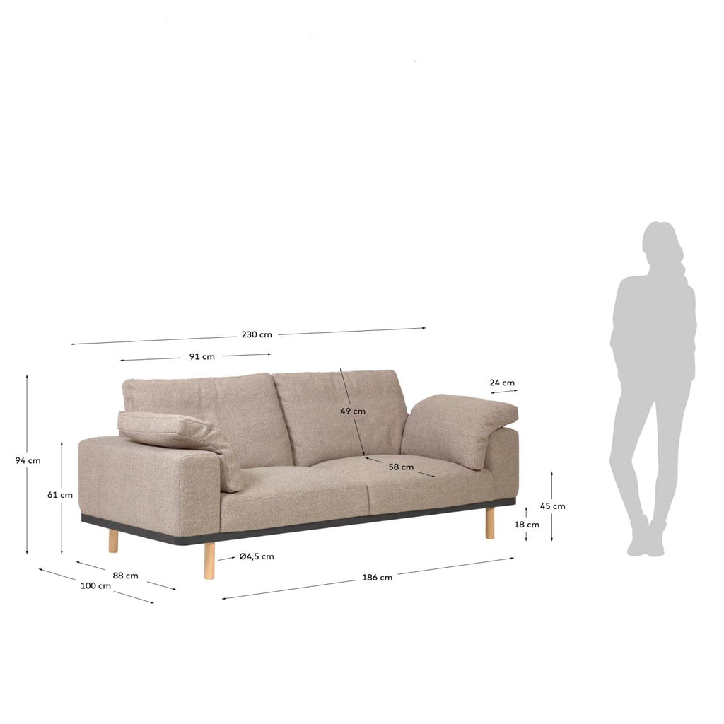 Noa 3 seater sofa with cushions in beige with natural finish legs, 230 cm