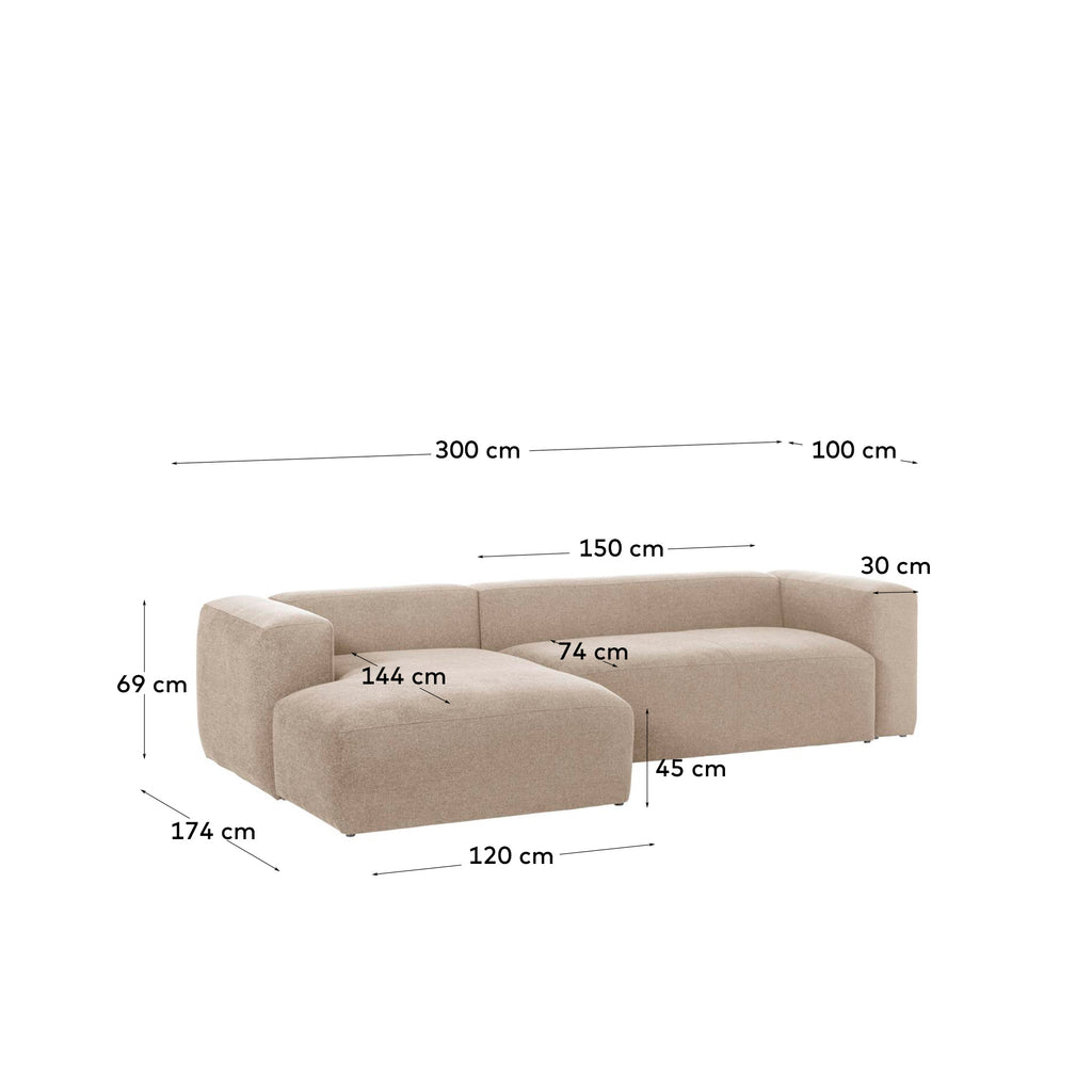 Canapé Blok 3 places en chenille avec méridienne gauche beige 300 cm – Certifié FSC Mix Credit