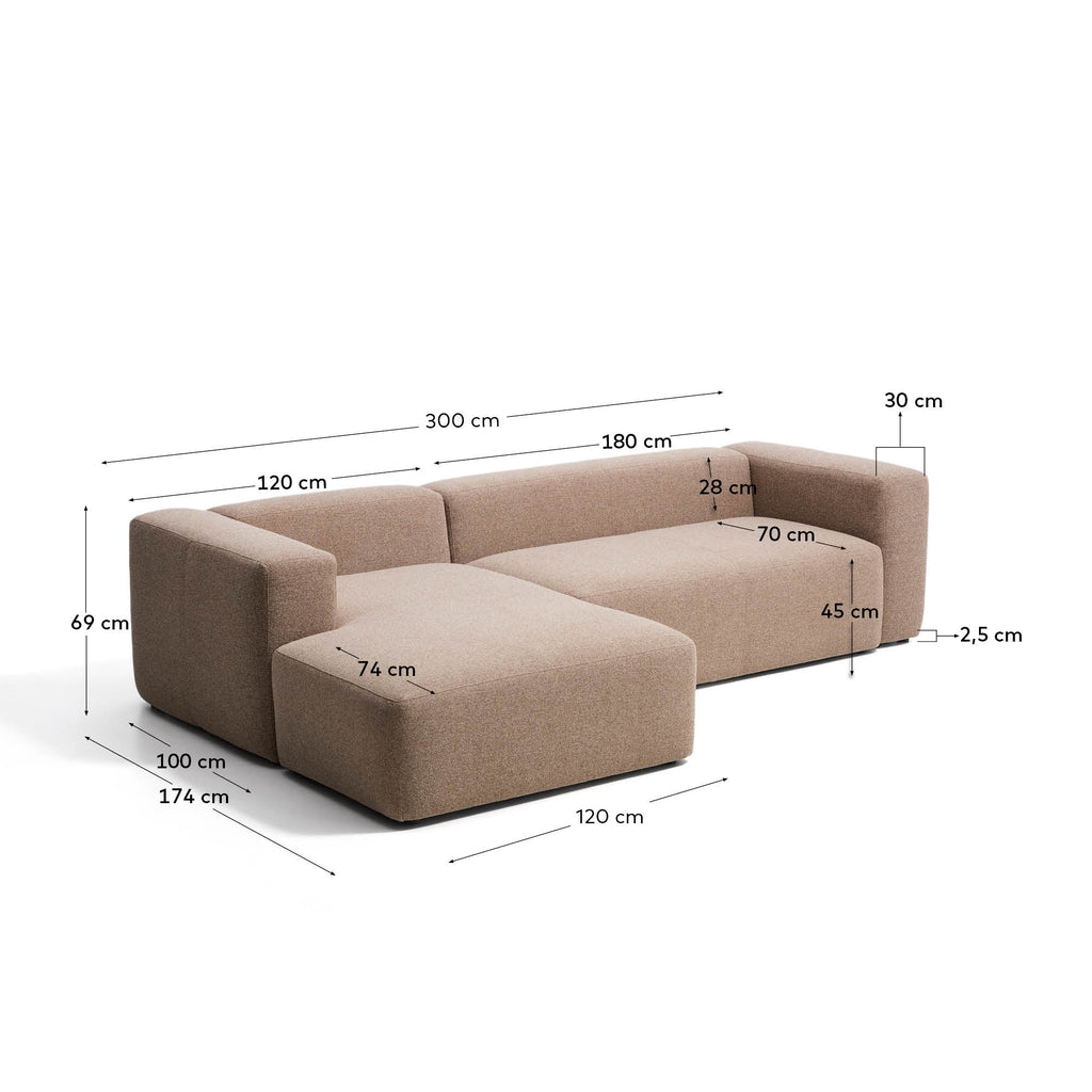Canapé Blok 3 places avec méridienne gauche en chenille marron 300 cm – FSC Mix Credit
