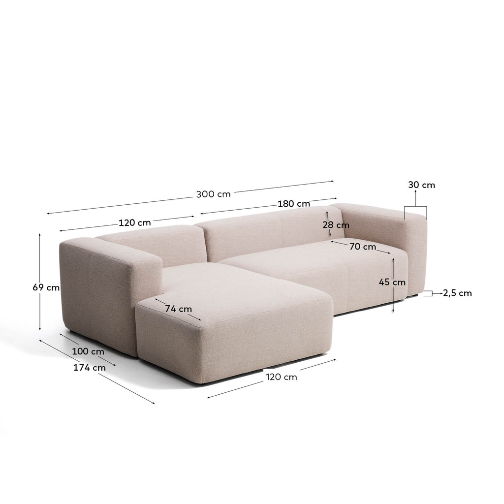Blok 3-seater sofa with left chaise longue in beige chenille 300cm FSC Mix Credit