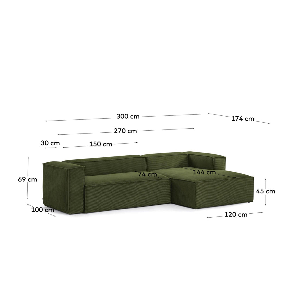 Canapé Blok 3 places en velours côtelé épais avec méridienne droite vert 300 cm – Certifié FSC Mix Credit