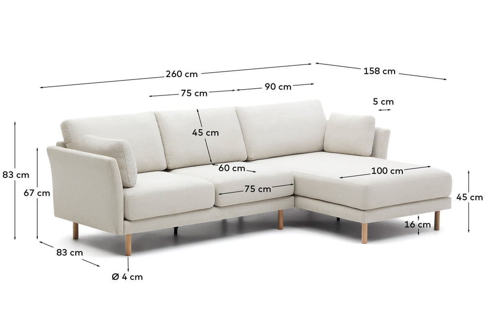 Canapé Gilma 3 places chenille perle pieds finition naturelle et méridienne droite ou gauche 260cm