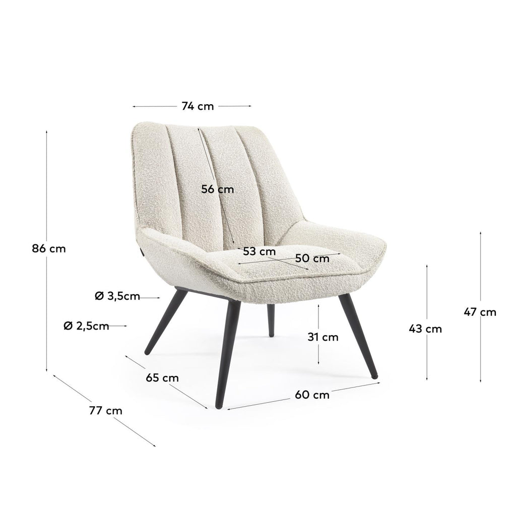 Fauteuil Marlina bouclette blanc avec pieds en acier peint noir