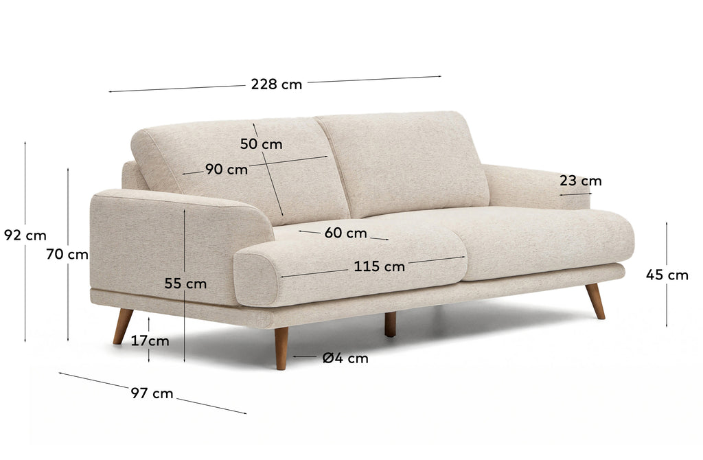 Karin beige 3-seater sofa with solid beech wood legs in walnut-tone finish 231 cm