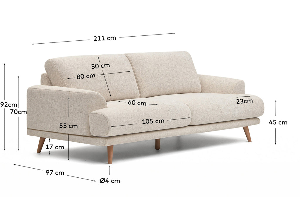Karin 2-seater sofa in beige chenille with solid beech wood legs in natural colour finish 211 cm