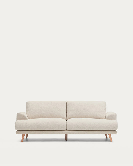 Canapé Karin 2 places en chenille beige et pieds en bois de hêtre avec finition ton naturel 211 cm
