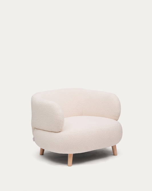 Fauteuil Luisa bouclette écru avec pieds en bois de hêtre 90 cm