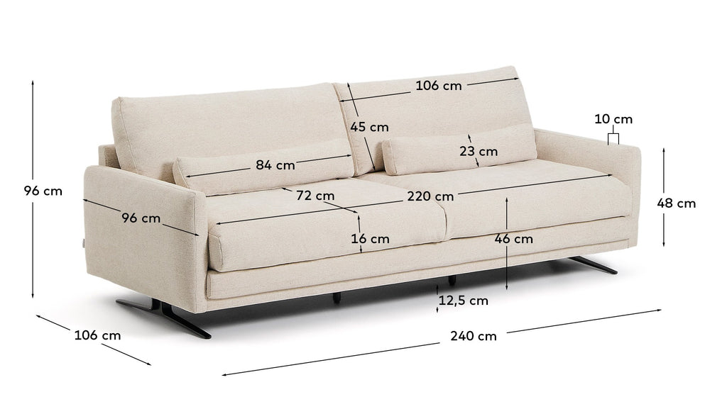 Canapé Veliro 3 places en chenille beige avec pieds en acier finition noire 240 cm FSC Mix Credit
