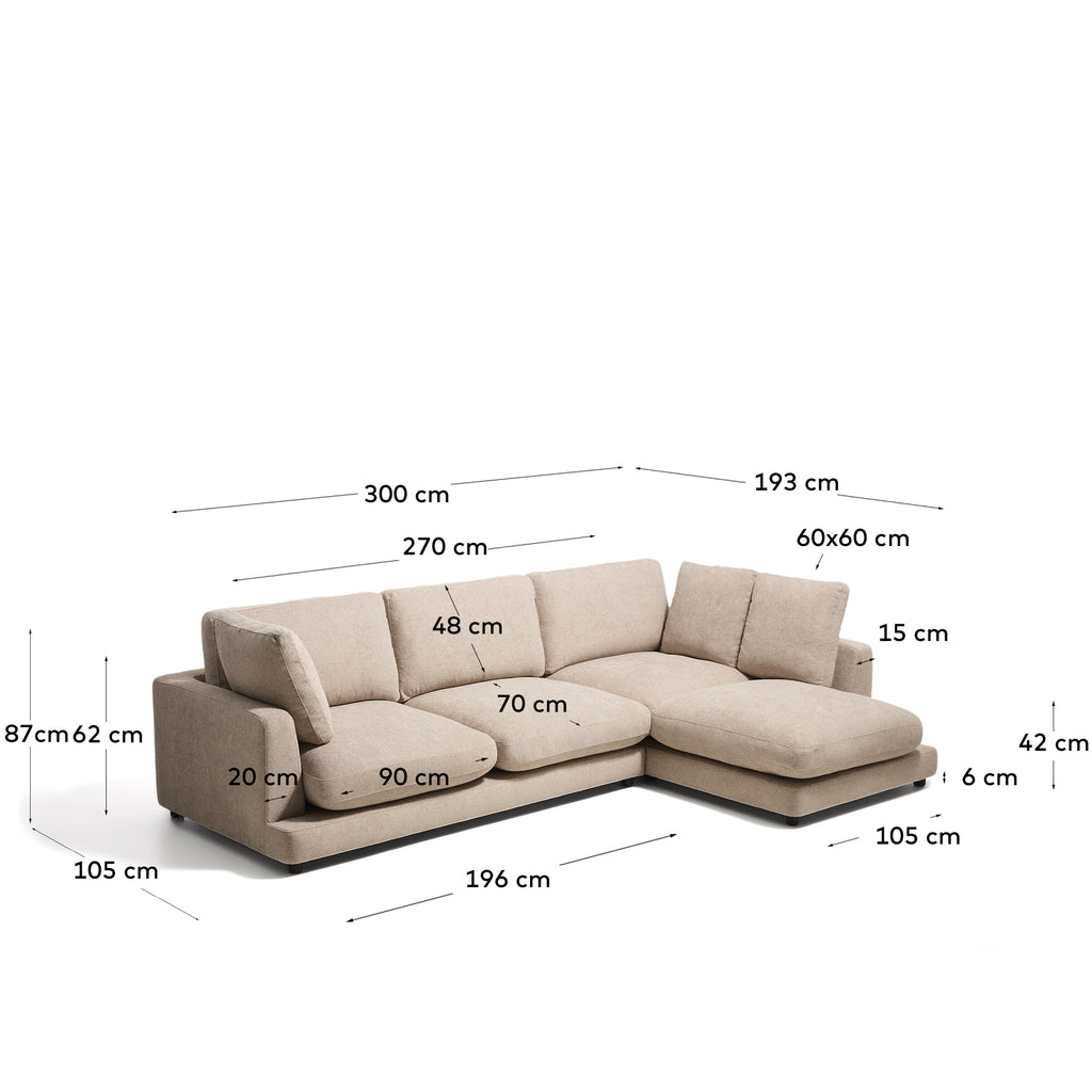 Canapé Gala 4 places en micro-bouclette beige avec méridienne droite 300 cm – FSC Mix Credit