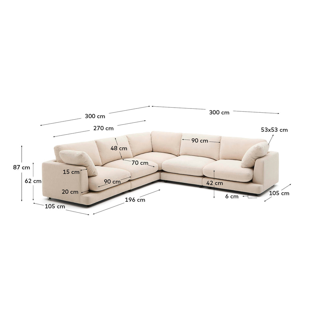 Gala 6-seater corner sofa in beige chenille FSC Mix Credit 300 x 300cm