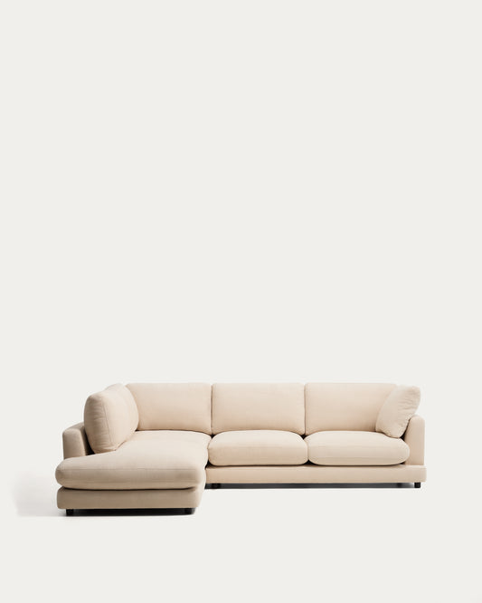 Canapé d’angle Gala 5 places avec pouf terminal gauche en chenille beige 225 x 300 cm – FSC Mix Credit