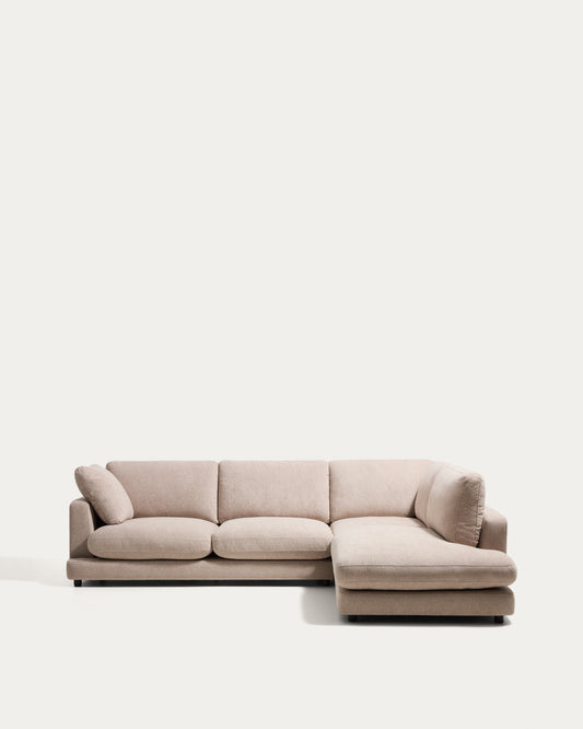 Gala 5-seater corner sofa with end module right side in beige micro bouclé FSC Mix Credit 300 x 225cm