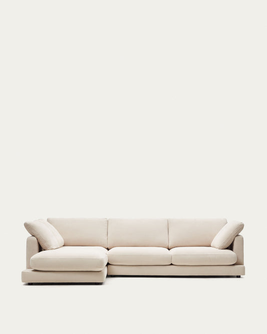 Canapé Gala 4 places en chenille beige avec méridienne gauche 300 cm – Certifié FSC Mix Credit