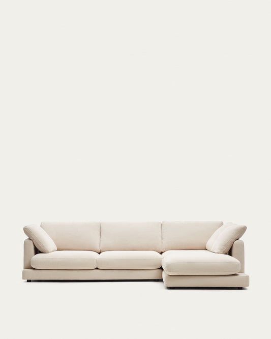 Canapé Gala 4 places en chenille beige avec méridienne droite 300 cm – Certifié FSC Mix Credit