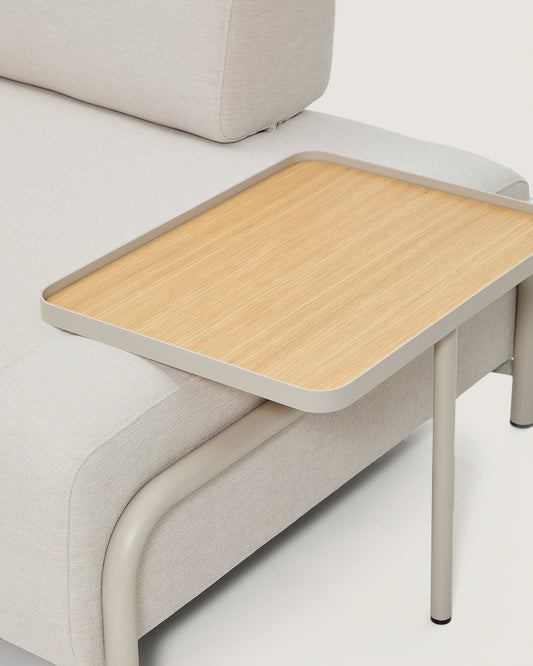 Canapé Compo 2 places chenille écru, grand plateau en placage de chêne et structure métal beige 200 cm FSC Mix Credit