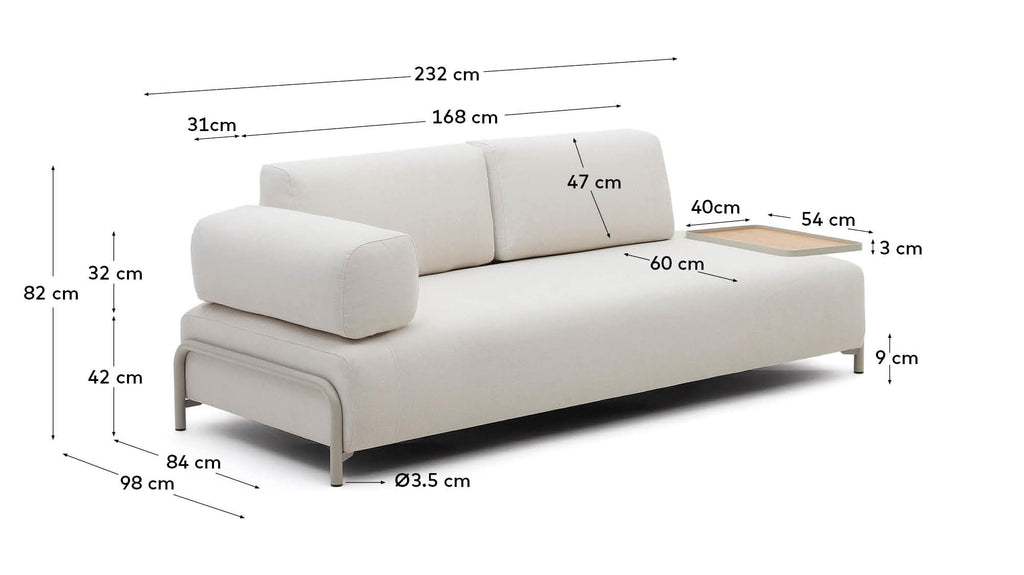Compo 3-seater sofa chenille beige, large tray oak veneer and beige metal structure 232cm FSC Mix Credit