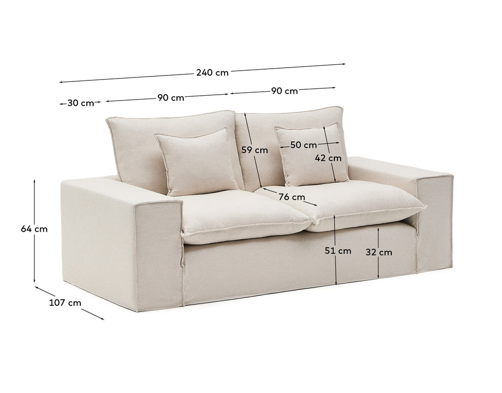Anarela removable-cover 2-seater sofa with beige linen cushions FSC Mix Credit 240 cm.