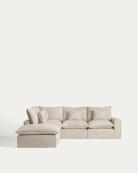 Canapé d’angle modulable déhoussable Anarela 4 places en lin et viscose beige 287 x 307 cm FSC Mix Credit