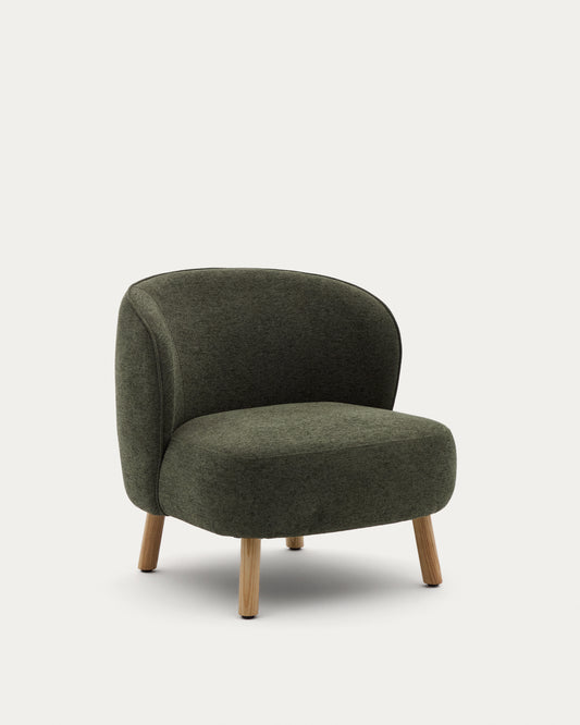 Fauteuil Ulit en tissu chenille vert et pieds en bois de hêtre finition naturelle