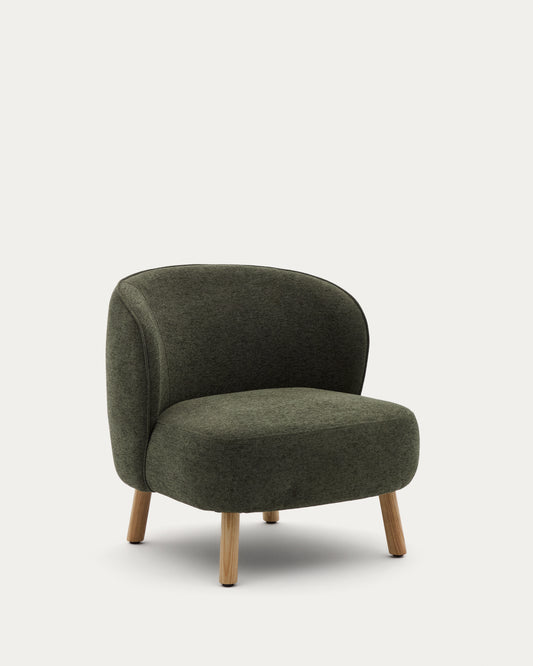 Fauteuil Ulit en tissu chenille vert et pieds en bois de hêtre finition naturelle